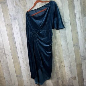 Subiki Large Dark Green Velour One Shoulder Short Sleeve Tulip Dress Side Zipper